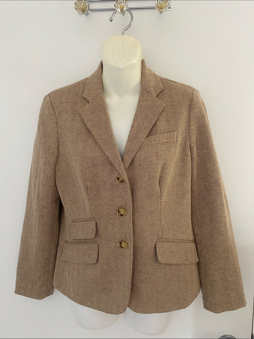 Chaps Ralph Lauren Classic Tan Linen & Cotton Herringbone Blazer Jacket Size 10P